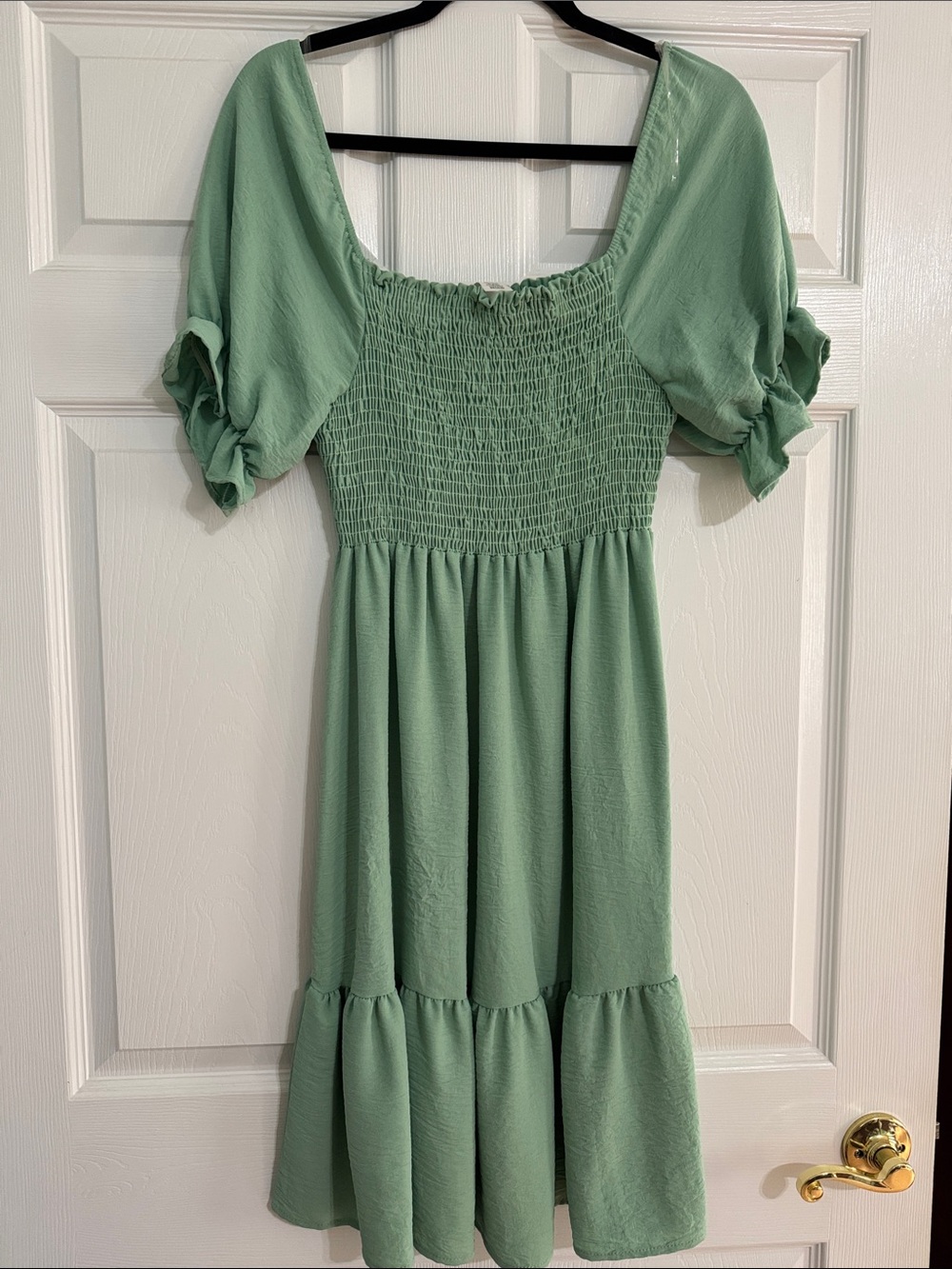 Sage Green Smocked Midi Dress with Puff Sleeves